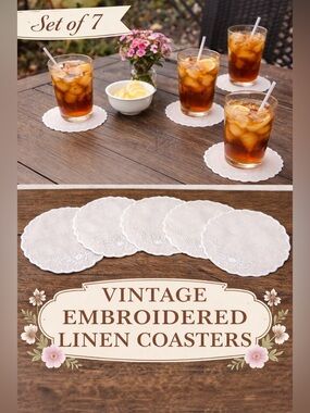 Vintage Embroidered Linen Coasters - pink (Set of 7)